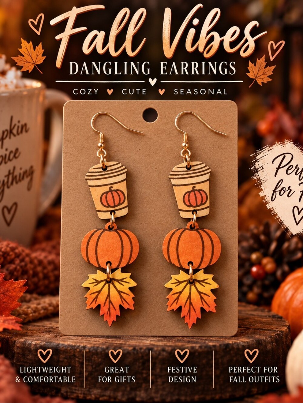 Fall Vibes Pumpkin Coffee & Leaf Dangling Earrings!!